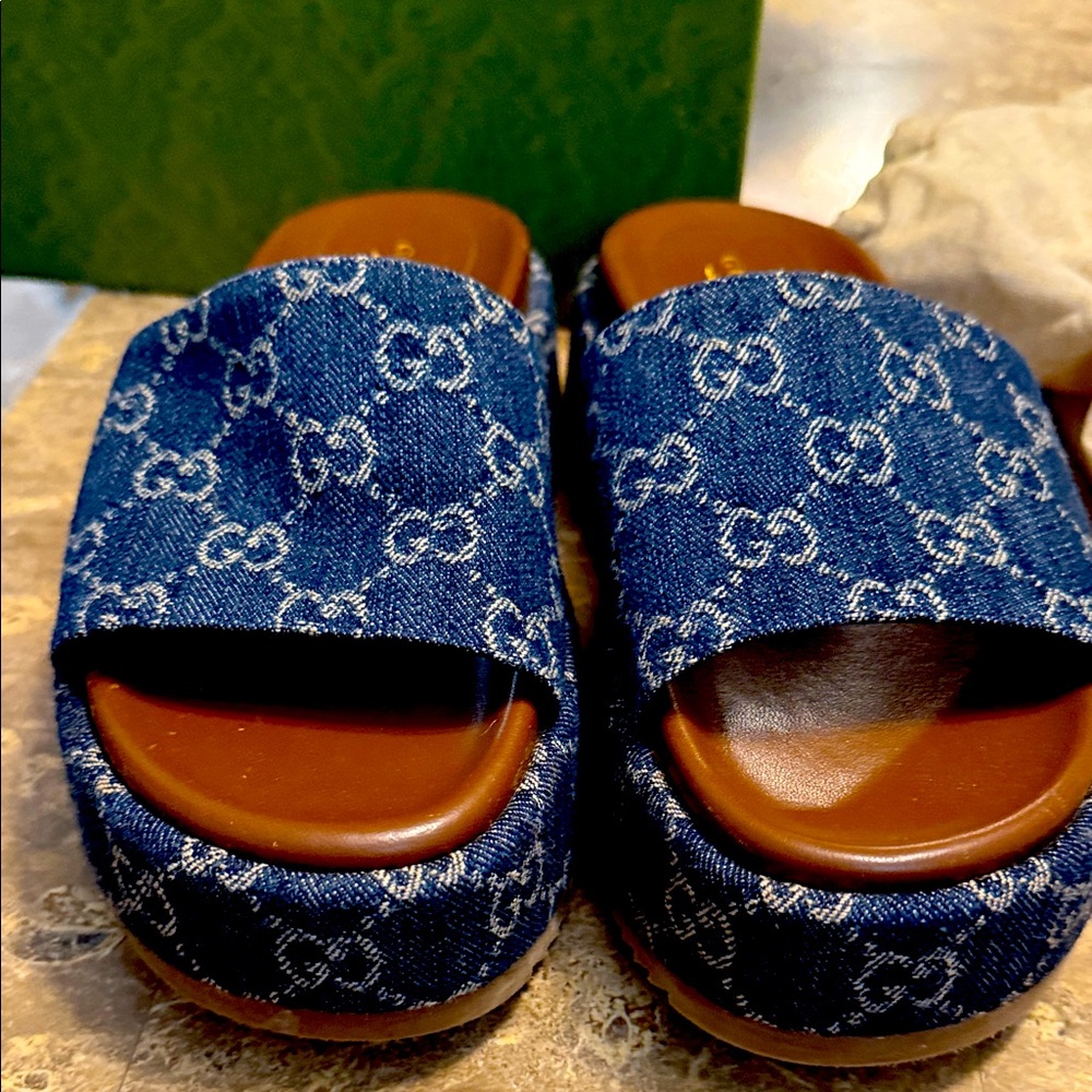 Denim GG Monogram Angelina Platform 55mm Slide Sandals Size 37